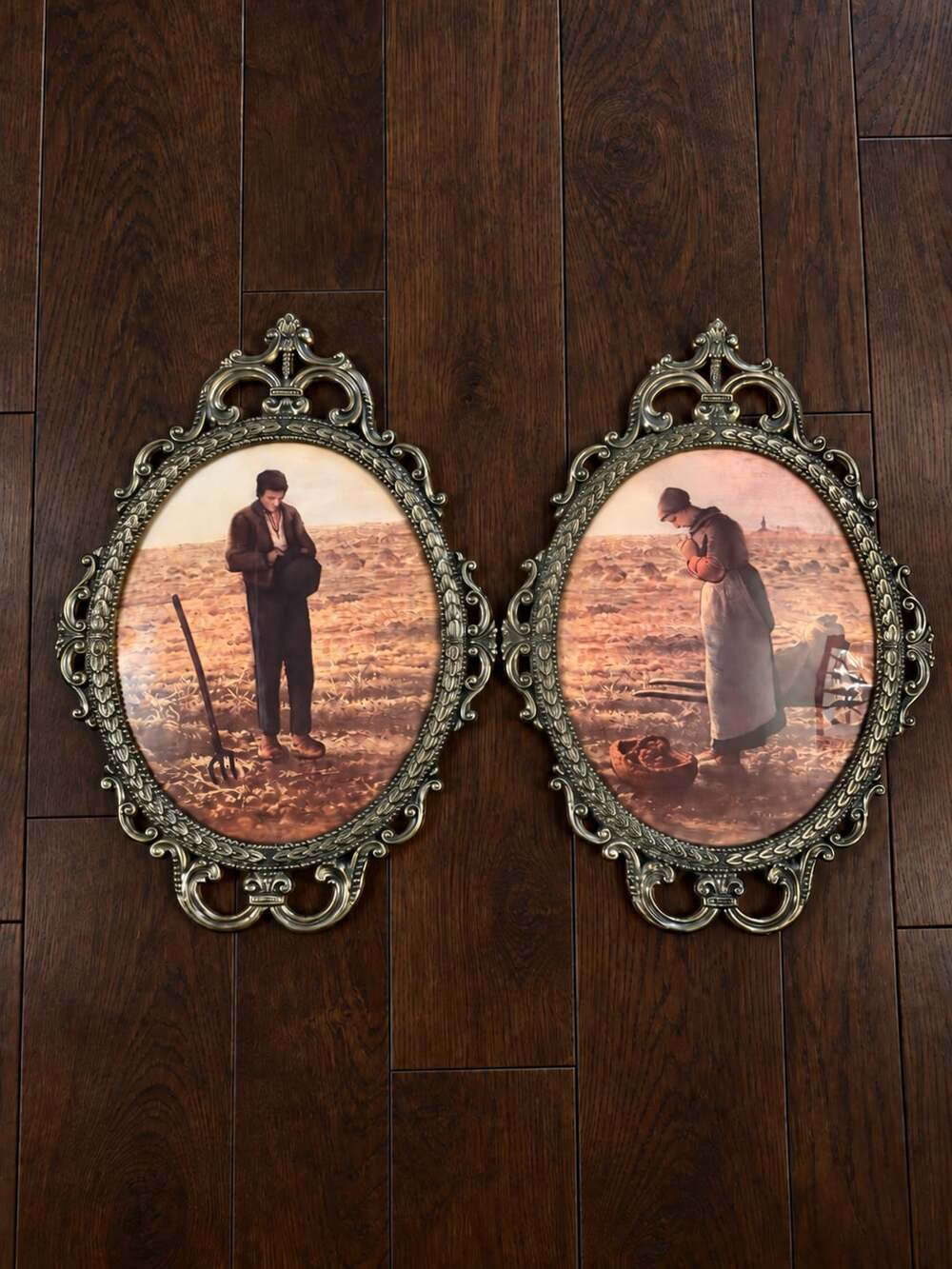 Vintage The Angelus Millet Convex Bubble Glass Framed Art Pair